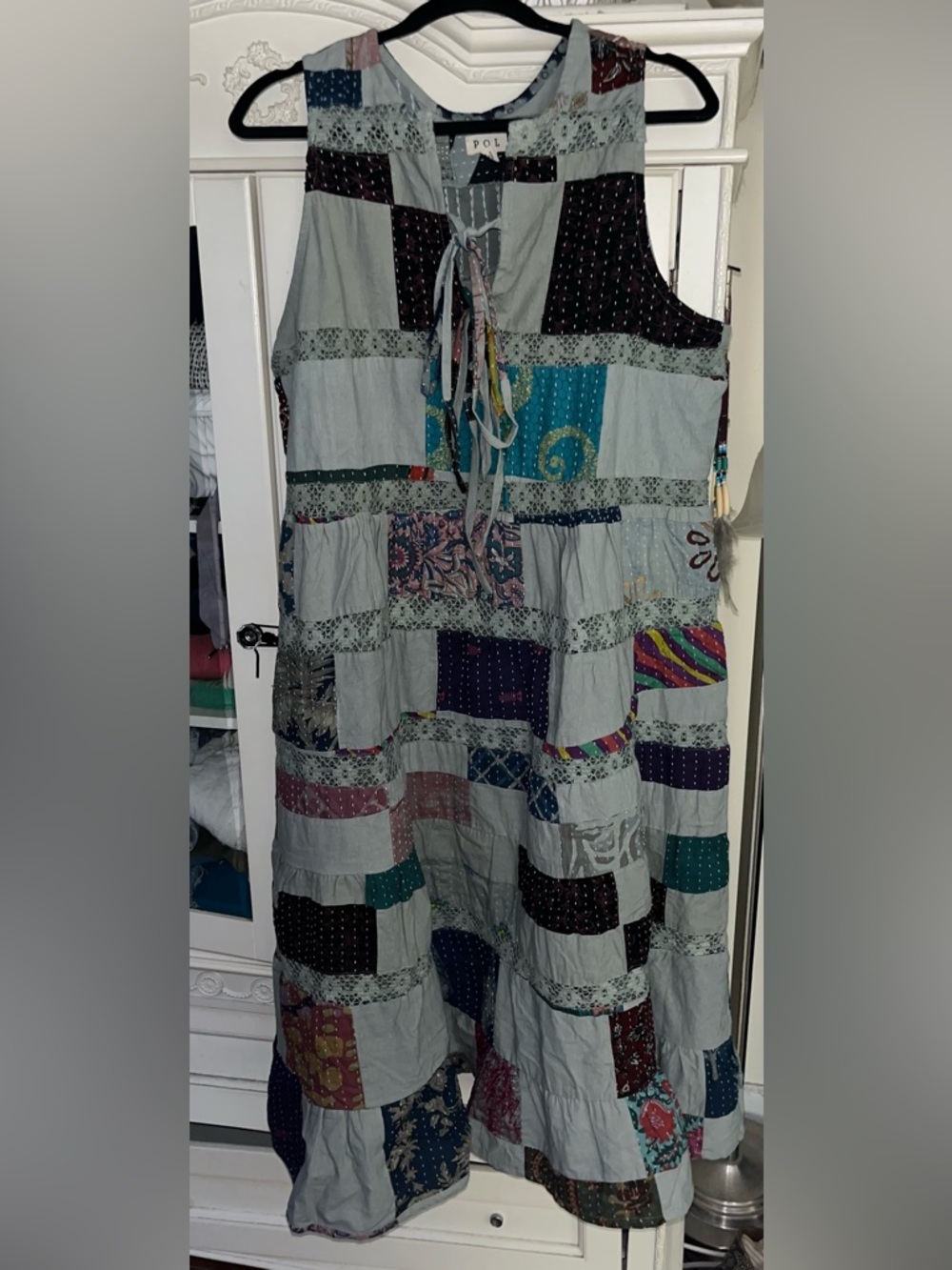 🎨Brand NWOT POL size Medium Mixed-Media Patchwork Tiered Maxi Dress - Picture 2 of 9